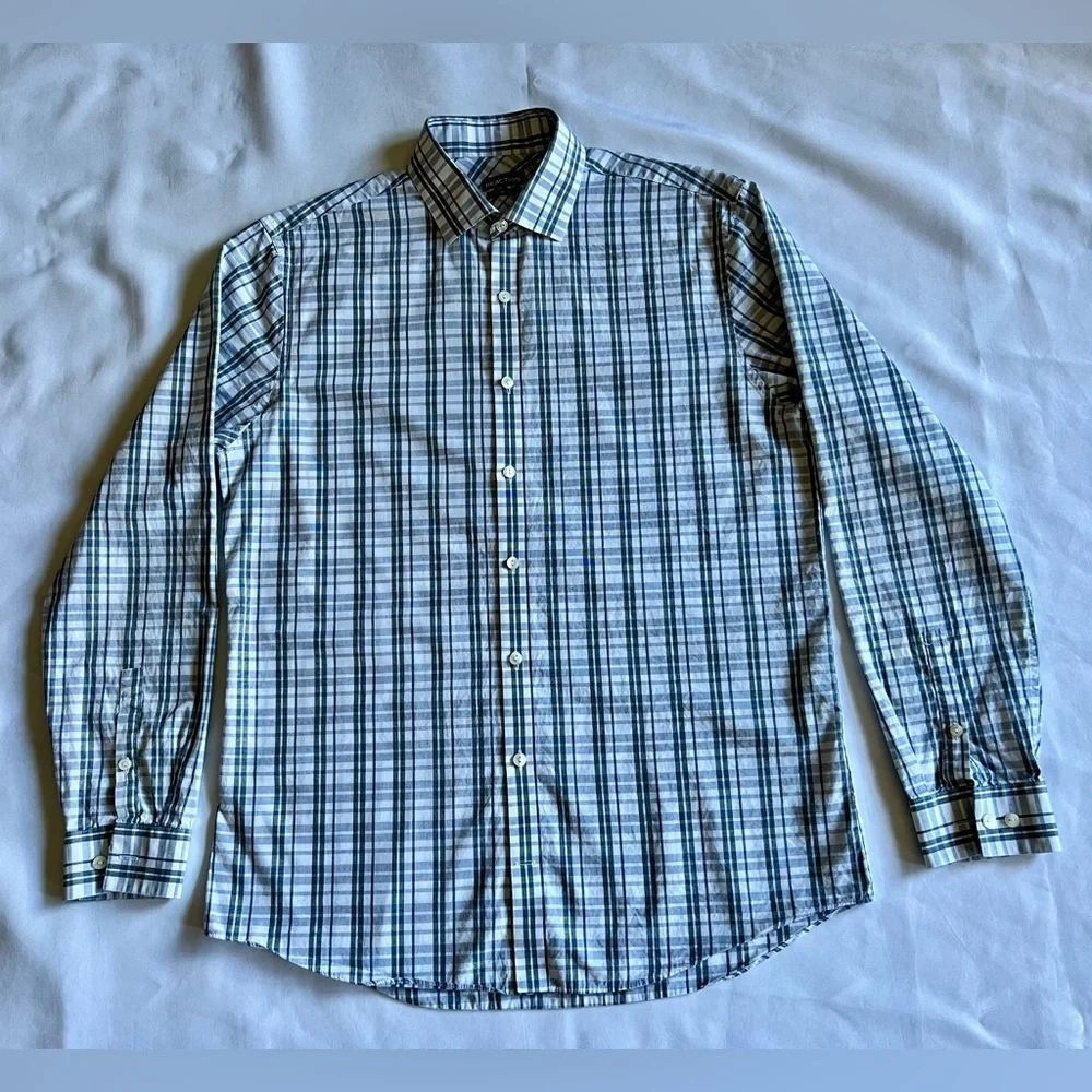 Kenneth Cole Gray Plaid Collared Button-Up Long Dress Shirt